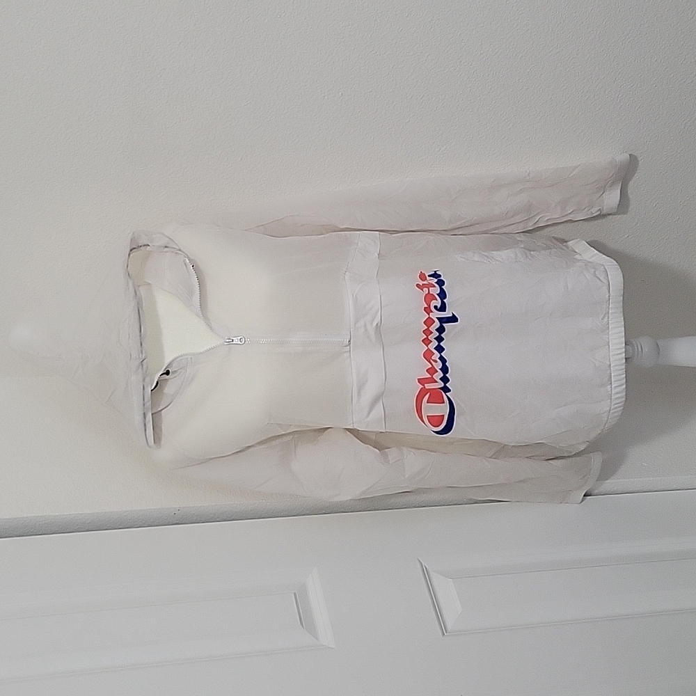 Champion White Hooded Windbreaker Men's Size XL 3/4 Zip Front Pouch Pock…